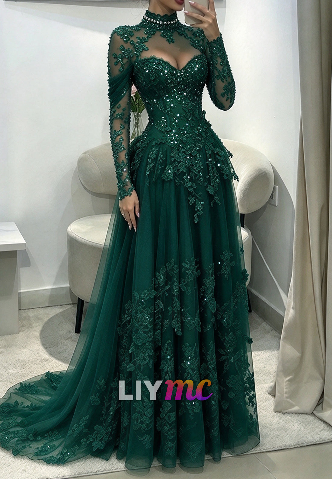 High Neck Sequin Lace Evening Gown with Train