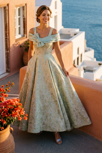 Brocade A-Line Gown with Draped Neckline
