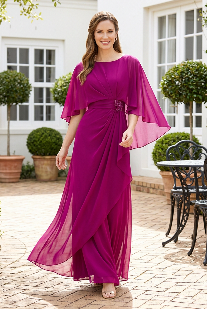 Chiffon Cape Evening Gown with Ruched Waist
