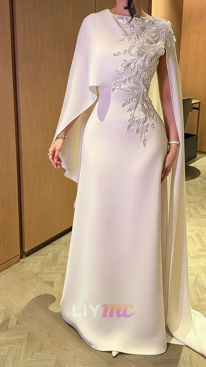 Embroidered Cape Evening Gown with Waist Cutout