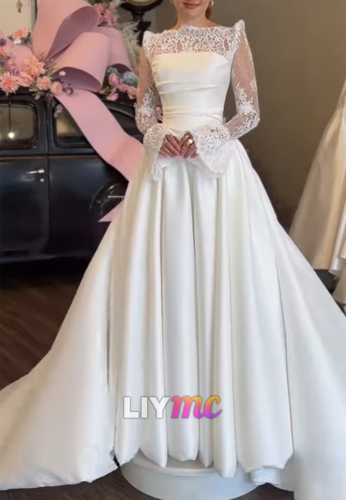 Long-Sleeve Lace A-Line Wedding Dress with Satin Skirt