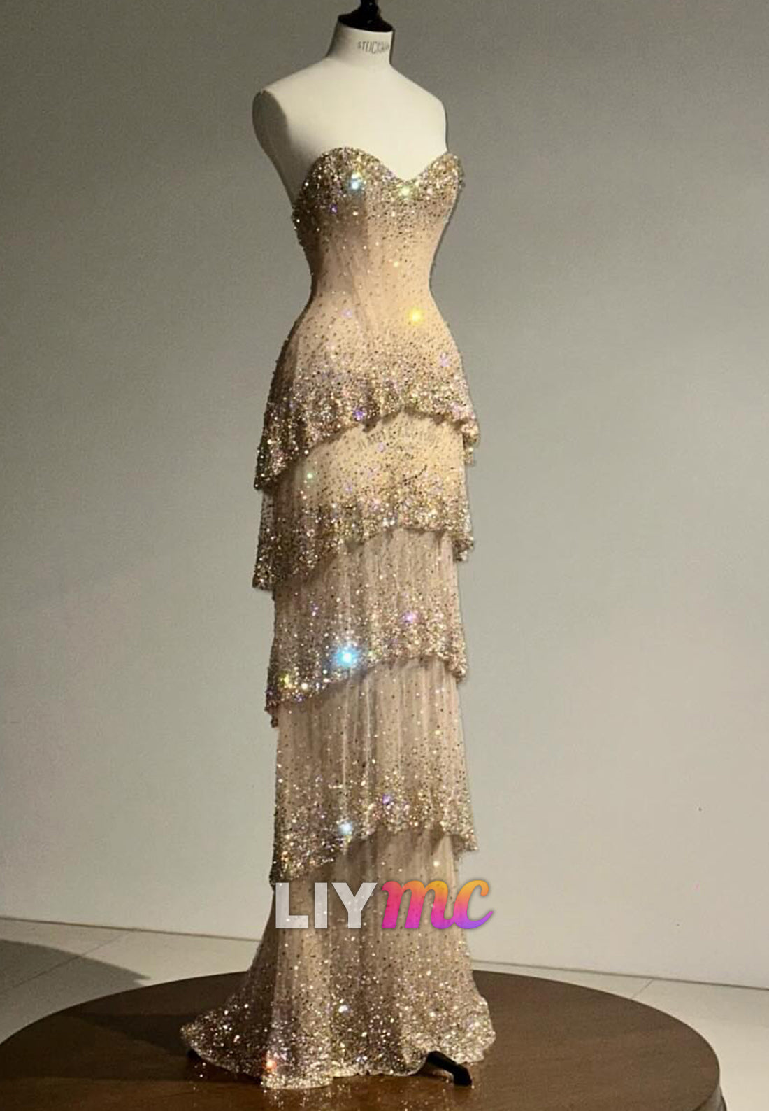 Strapless Tiered Beaded Corset Evening Gown