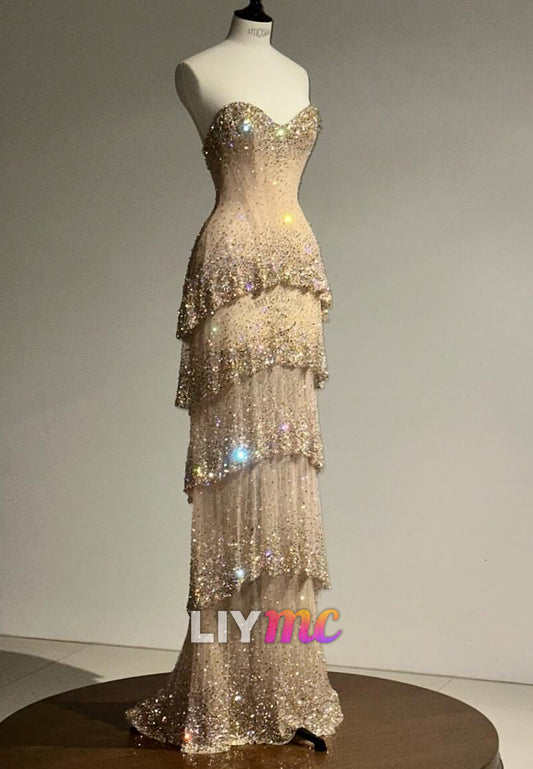Strapless Tiered Beaded Corset Evening Gown