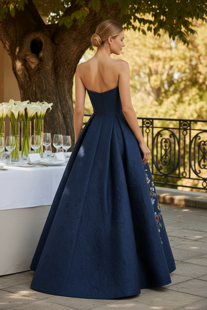 Strapless Jacquard A-Line Gown with Floral Embroidery