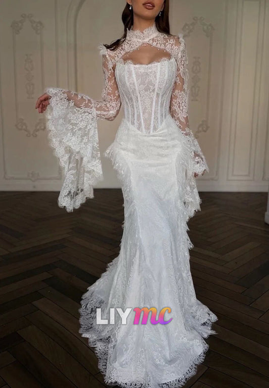 High Neck Lace Mermaid Wedding Dress with Bell Sleeves