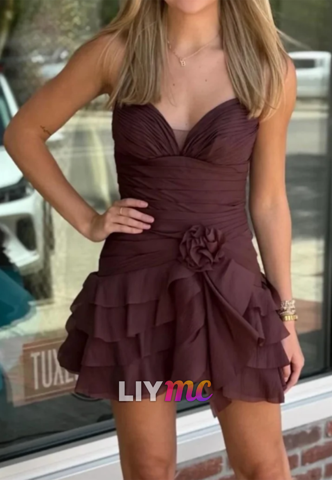 Ruched Tiered Ruffle Mini Dress with Rosette