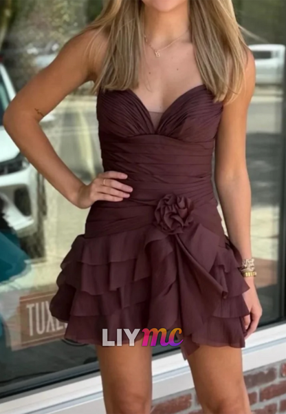Ruched Tiered Ruffle Mini Dress with Rosette
