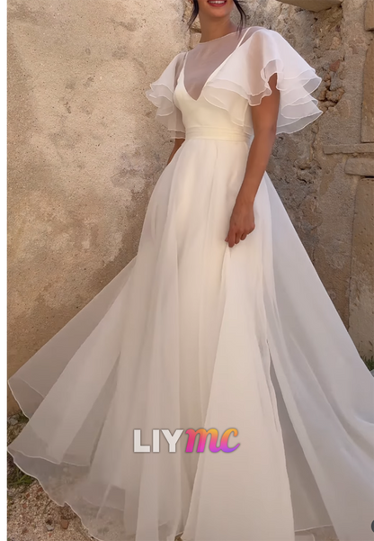 Flutter Sleeve A-Line Bridal Gown with Low V-Back