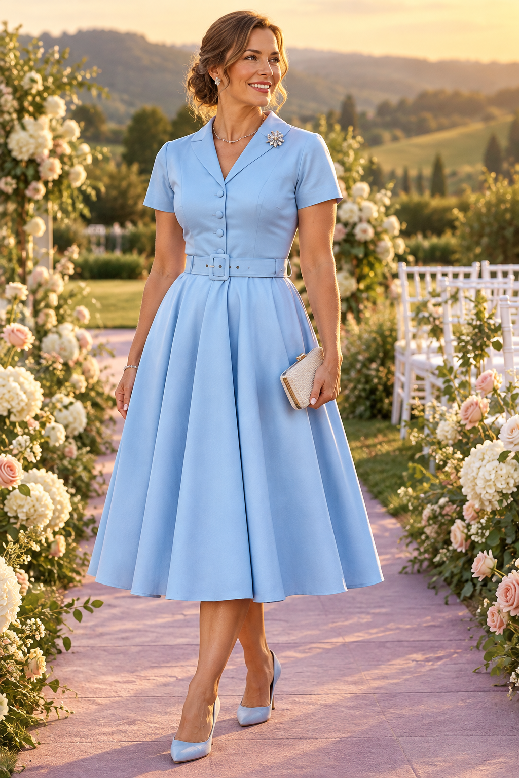 Short Sleeve Collared Belted A-Line Midi Dress