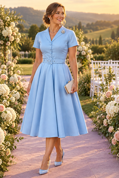 Short Sleeve Collared Belted A-Line Midi Dress
