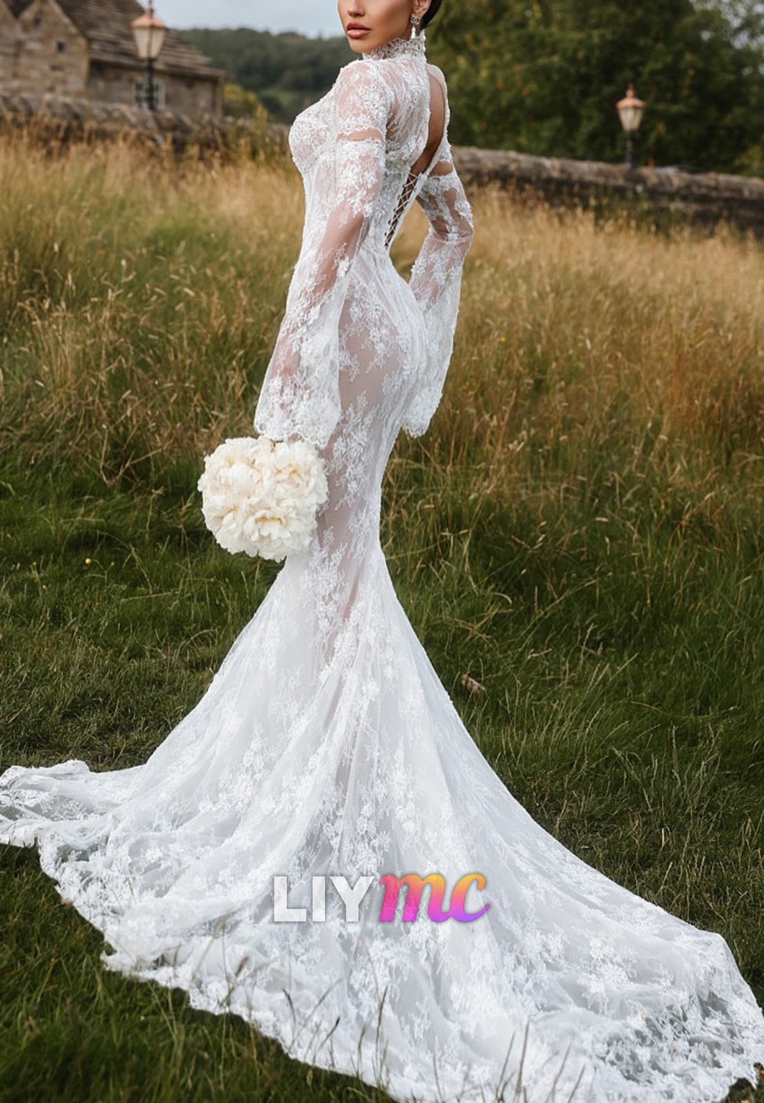 Illusion Lace Long Sleeve Mermaid Wedding Dress with Train