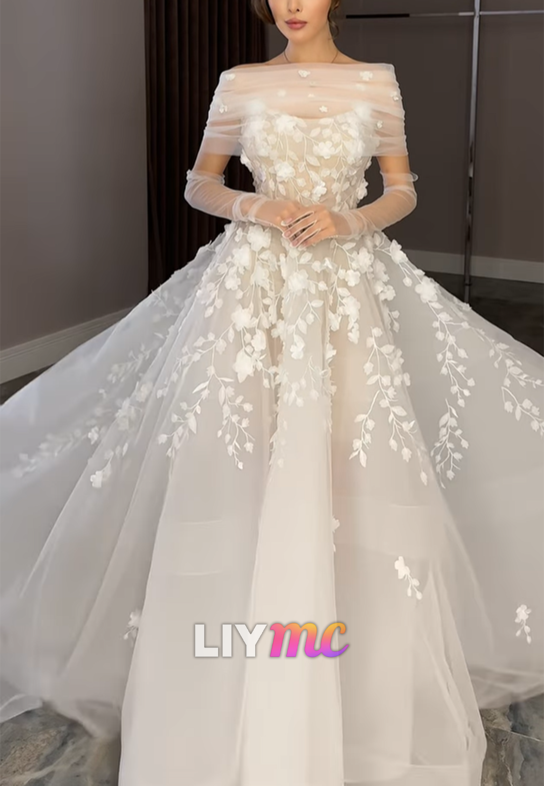 Floral Applique Ball Gown Wedding Dress Long Sleeves