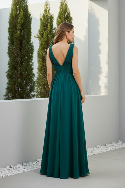 Pleated V-Neck A-Line Evening Gown with Low Back