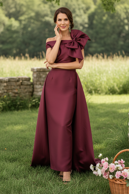 One-Shoulder Bow Satin Dress with Overskirt