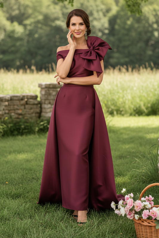 One-Shoulder Bow Satin Dress with Overskirt