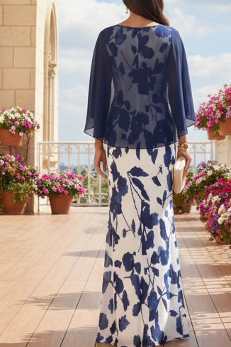 Floral Print Sheath Evening Gown with Cape