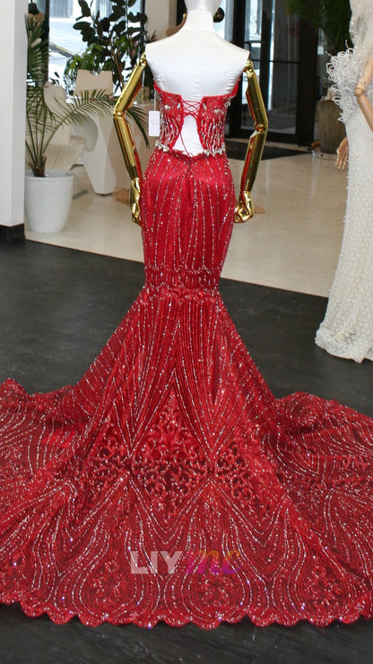 Sequin Beaded Mermaid Gown with Scalloped Train