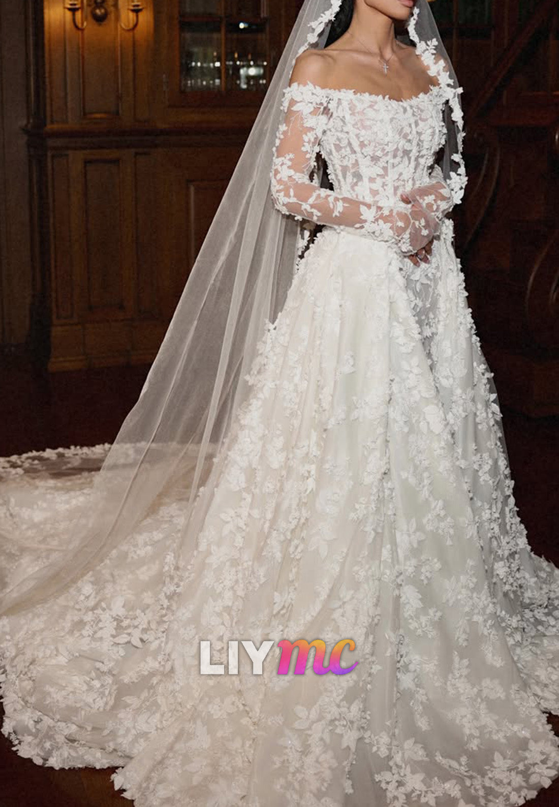 Floral Lace Off-Shoulder Ball Gown Wedding Dress