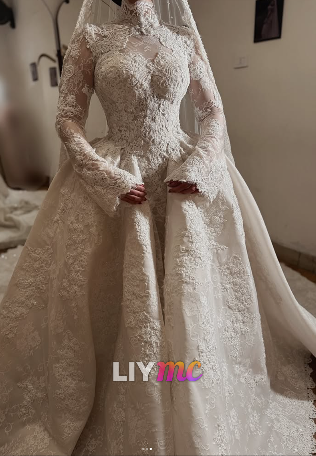 High Neck Long Sleeve Lace Ball Gown Wedding Dress