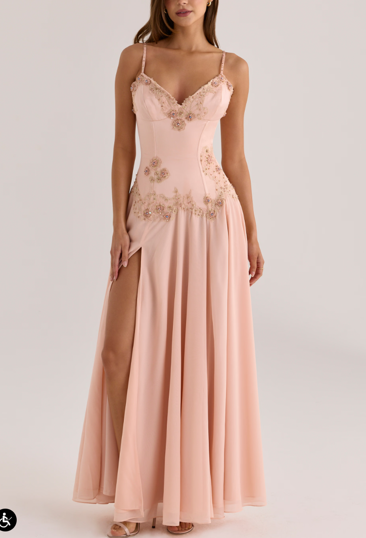 Beaded Corset Chiffon A-Line Gown with Slit