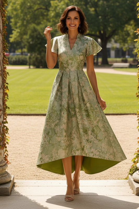 Jacquard Flutter Sleeve High-Low Dress