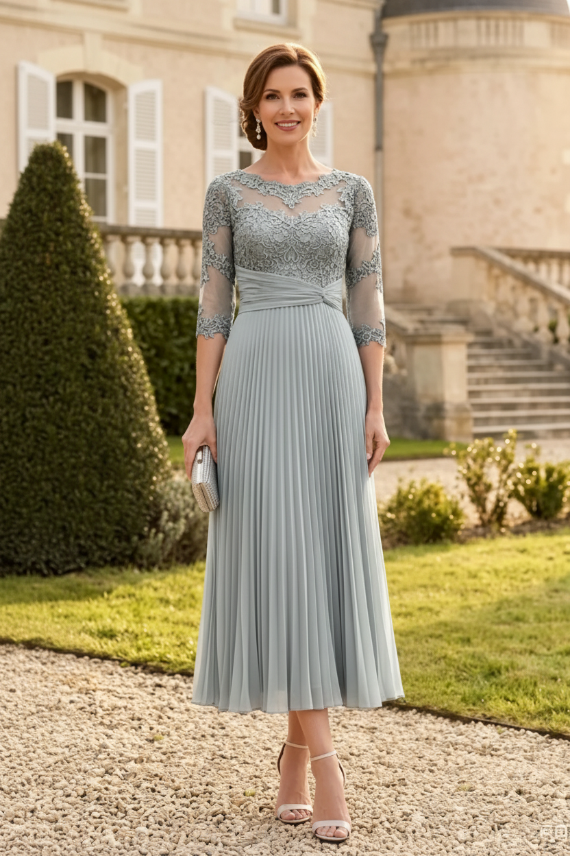 Pleated Lace Bodice Midi Dress with 3/4 Sleeves