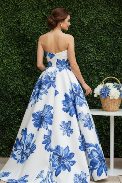 Strapless Floral Print Corset Evening Gown