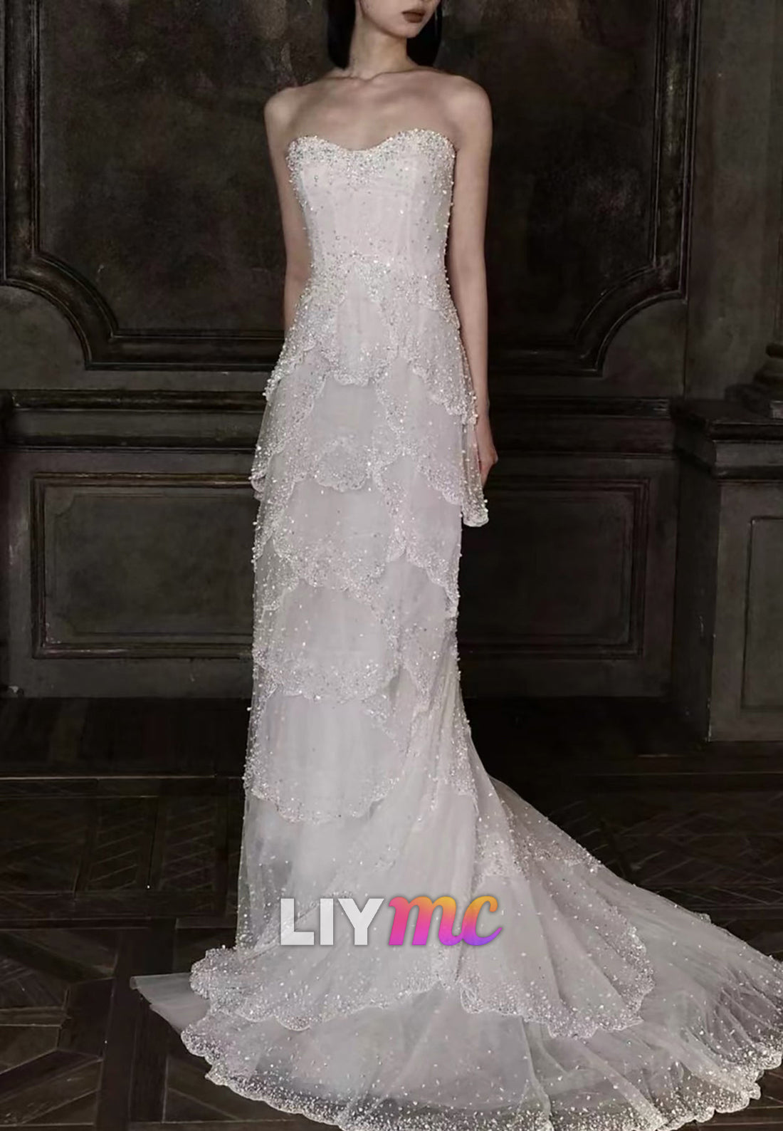 Strapless Tiered Beaded Tulle Wedding Dress