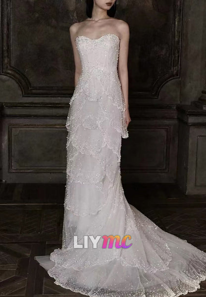 Strapless Tiered Beaded Tulle Wedding Dress