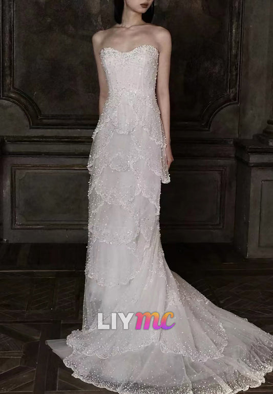 Strapless Tiered Beaded Tulle Wedding Dress