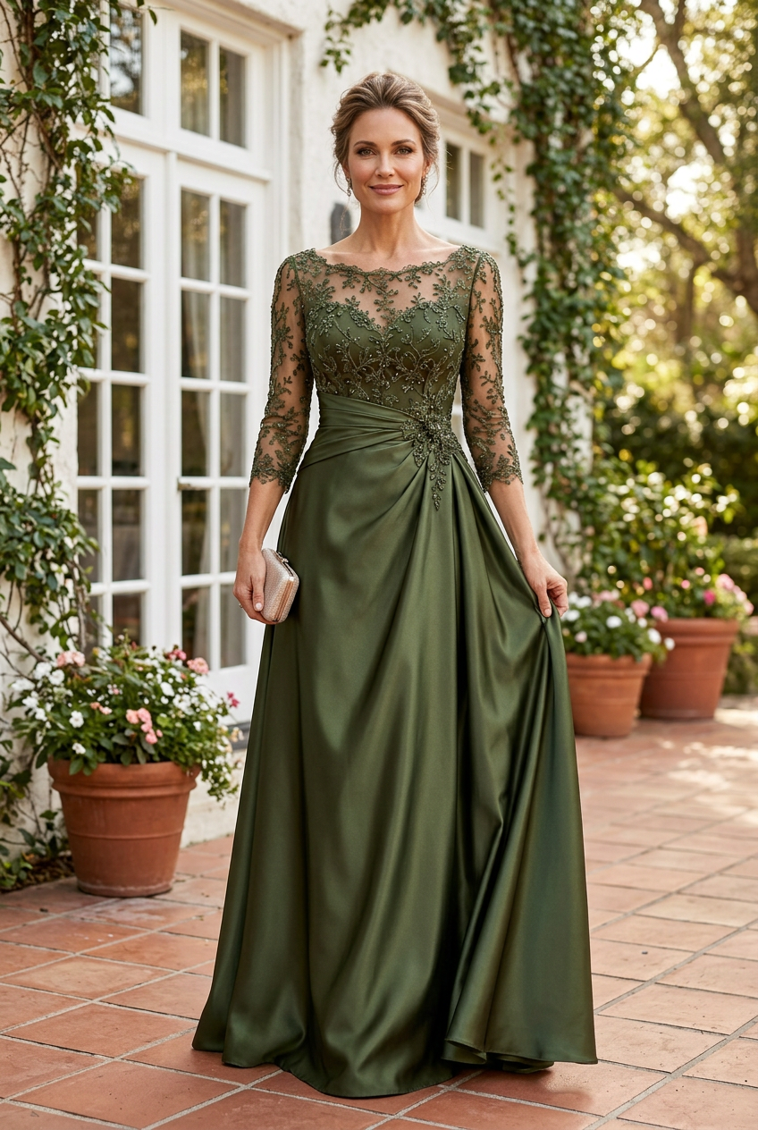 Lace Illusion Evening Gown with Ruched Skirt