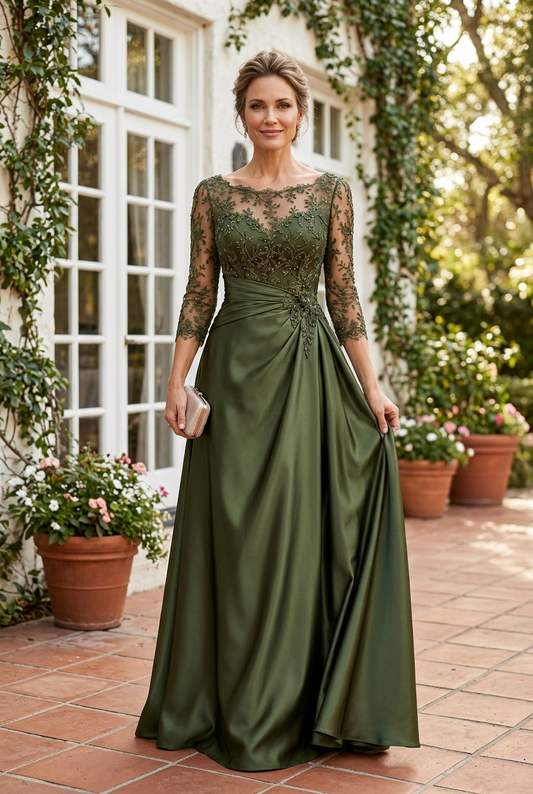 Lace Illusion Evening Gown with Ruched Skirt