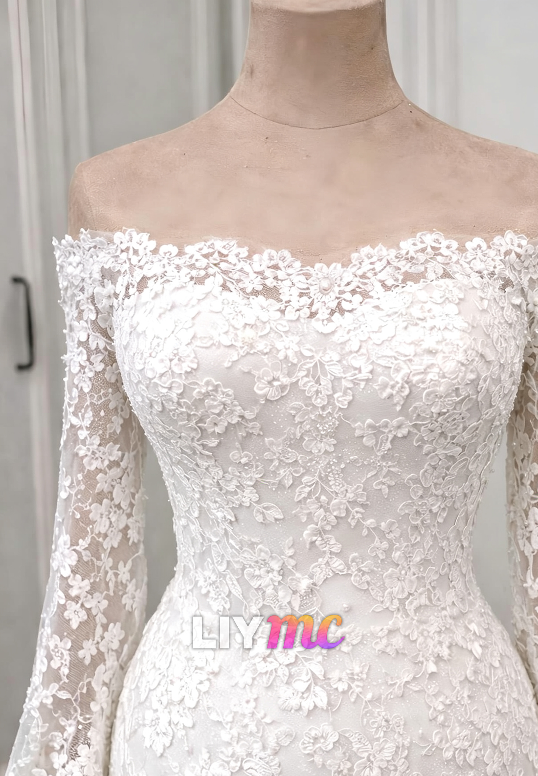 Off Shoulder Lace Mermaid Wedding Dress with Long Sleeves