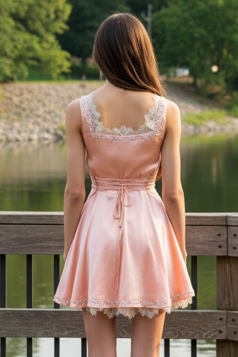 Floral Embroidered Lace-Trim Satin Mini Dress