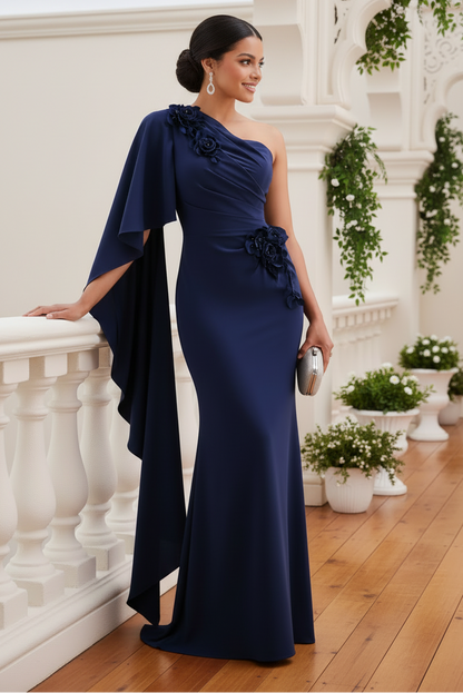 One-Shoulder Floral Cape Evening Gown
