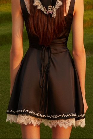 Floral Embroidered Lace Trim Mini Dress with Square Neck