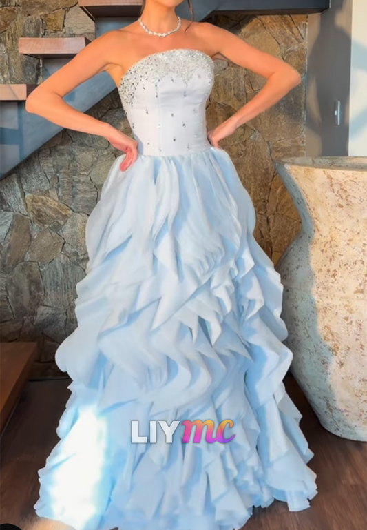 Strapless Beaded Bodice Cascading Ruffle Gown