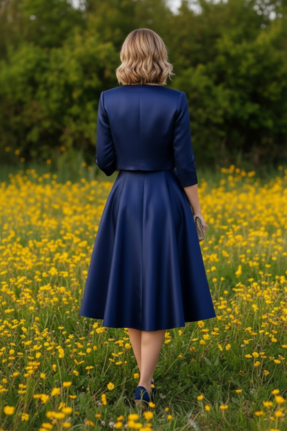 A-Line Satin Dress with Cropped 3/4 Sleeve Jacket