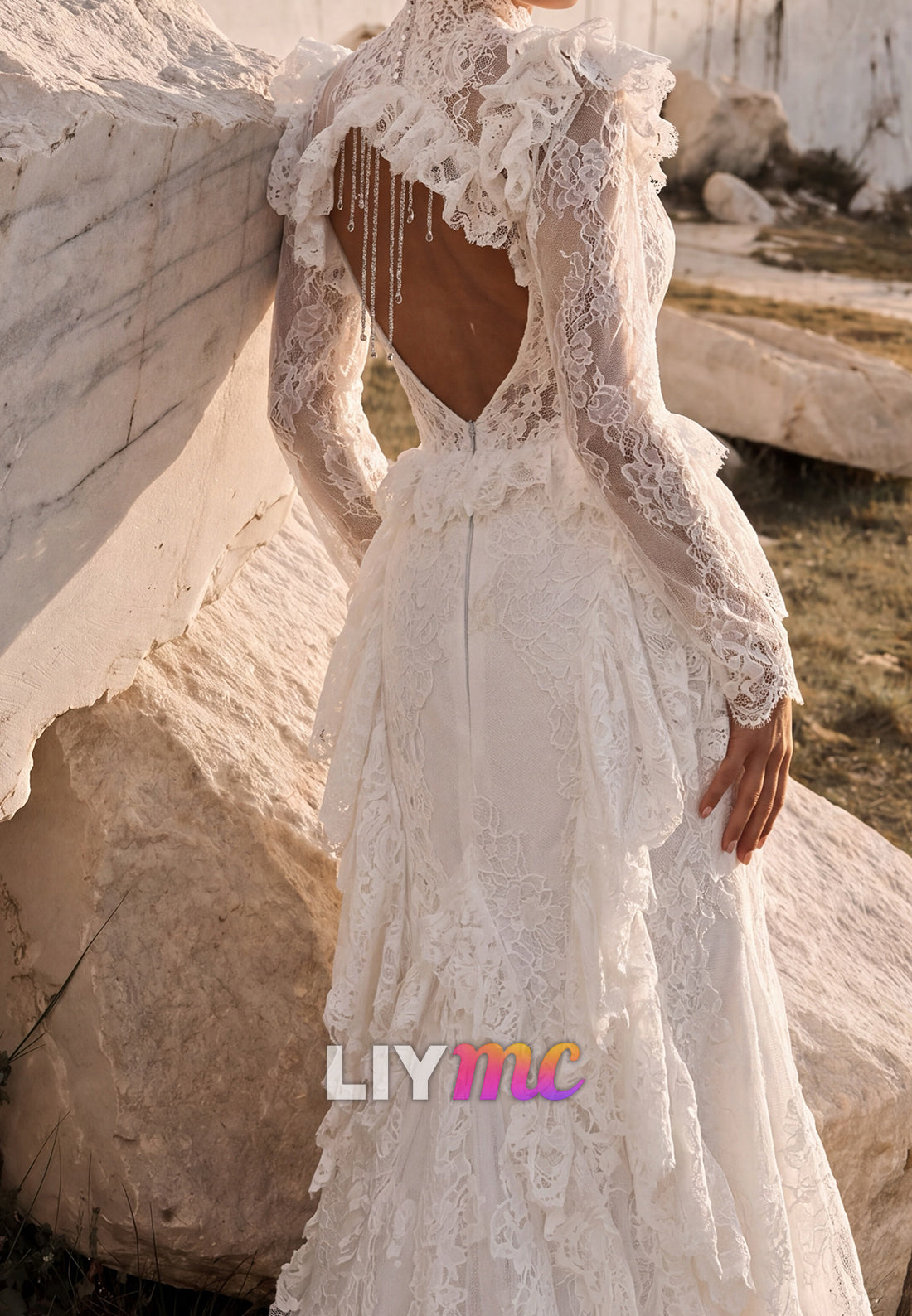 Long Sleeve Lace Mermaid Wedding Dress with Open Back