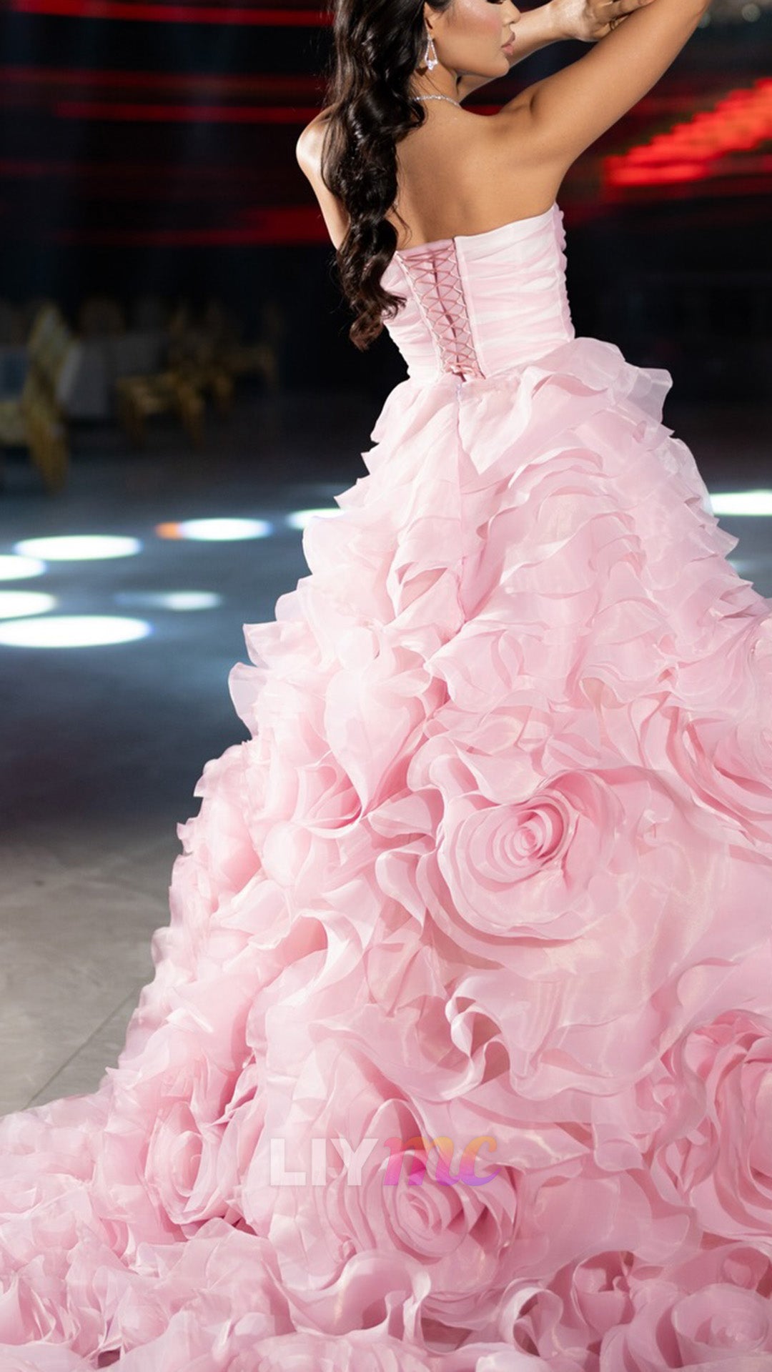 Strapless Rosette Tiered Ball Gown