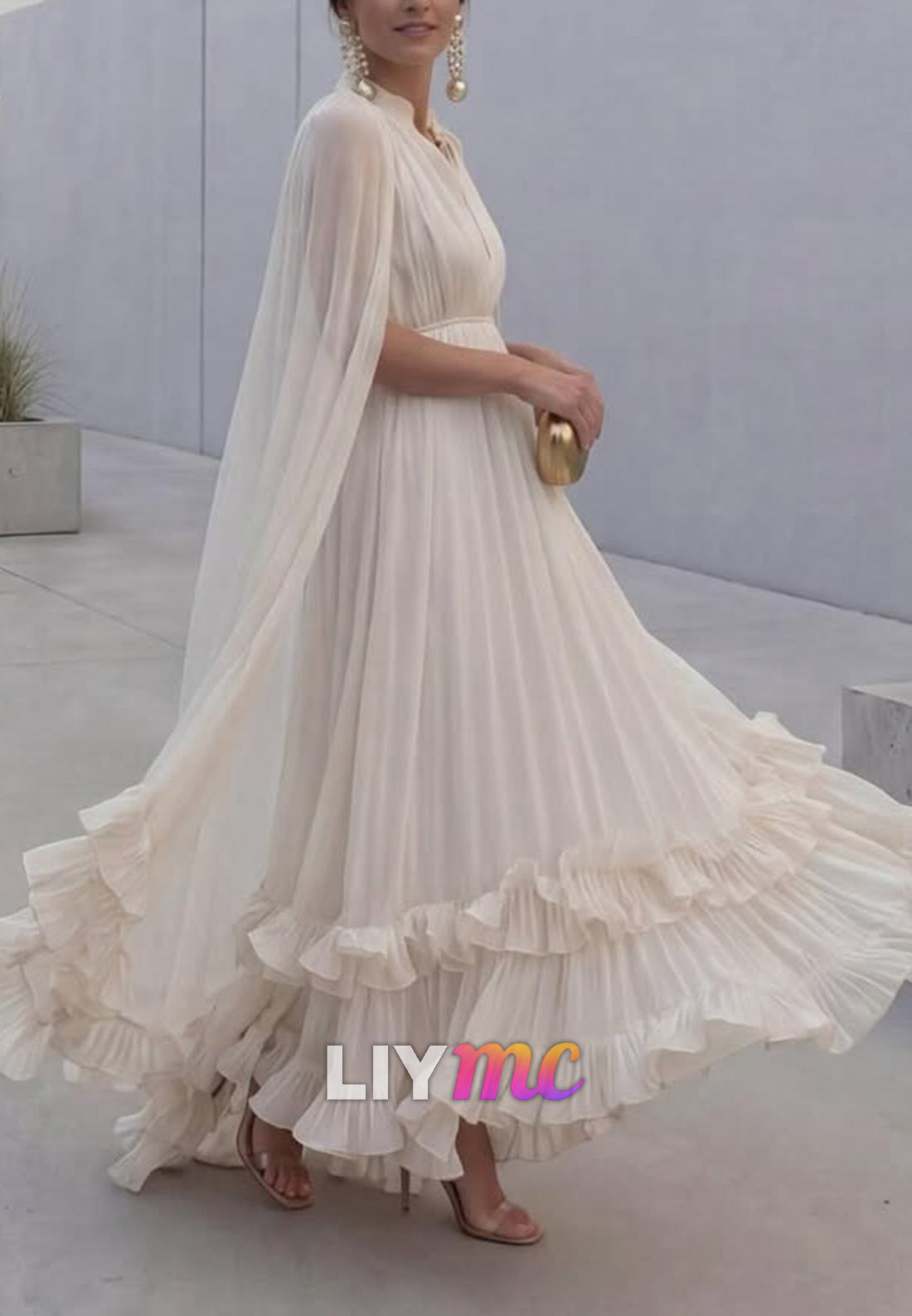 Pleated Empire Chiffon Gown with Cape