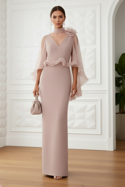 High Neck Column Maxi Dress with Chiffon Cape Overlay