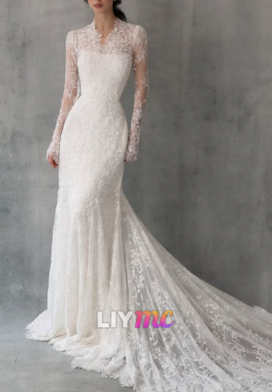 Lace High Neck Mermaid Wedding Dress with Train
