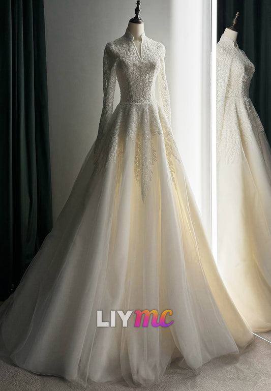 Long Sleeve High Neck Beaded A-Line Wedding Dress