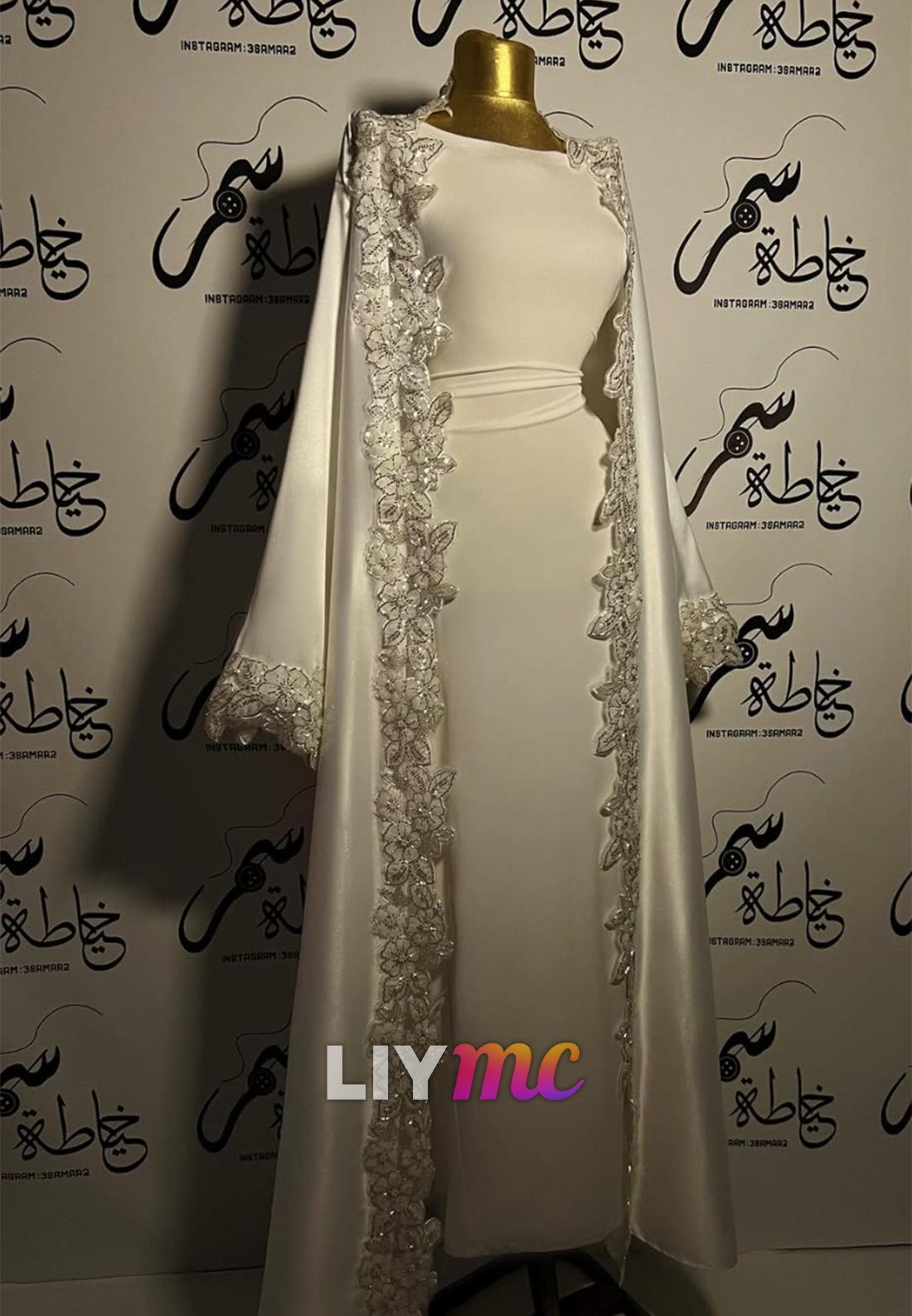 Long-Sleeve Column Dress with Lace-Trimmed Satin Cape