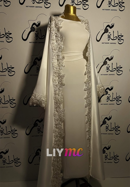 Long-Sleeve Column Dress with Lace-Trimmed Satin Cape