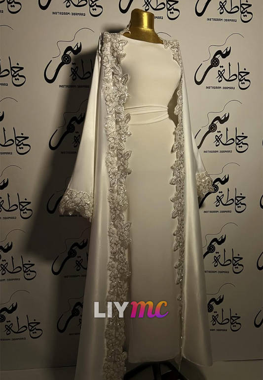 Long-Sleeve Column Dress with Lace-Trimmed Satin Cape
