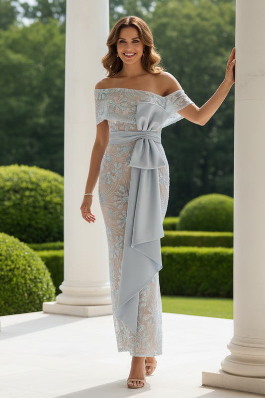 One-Shoulder Sequined Sheath Dress with Satin Sash