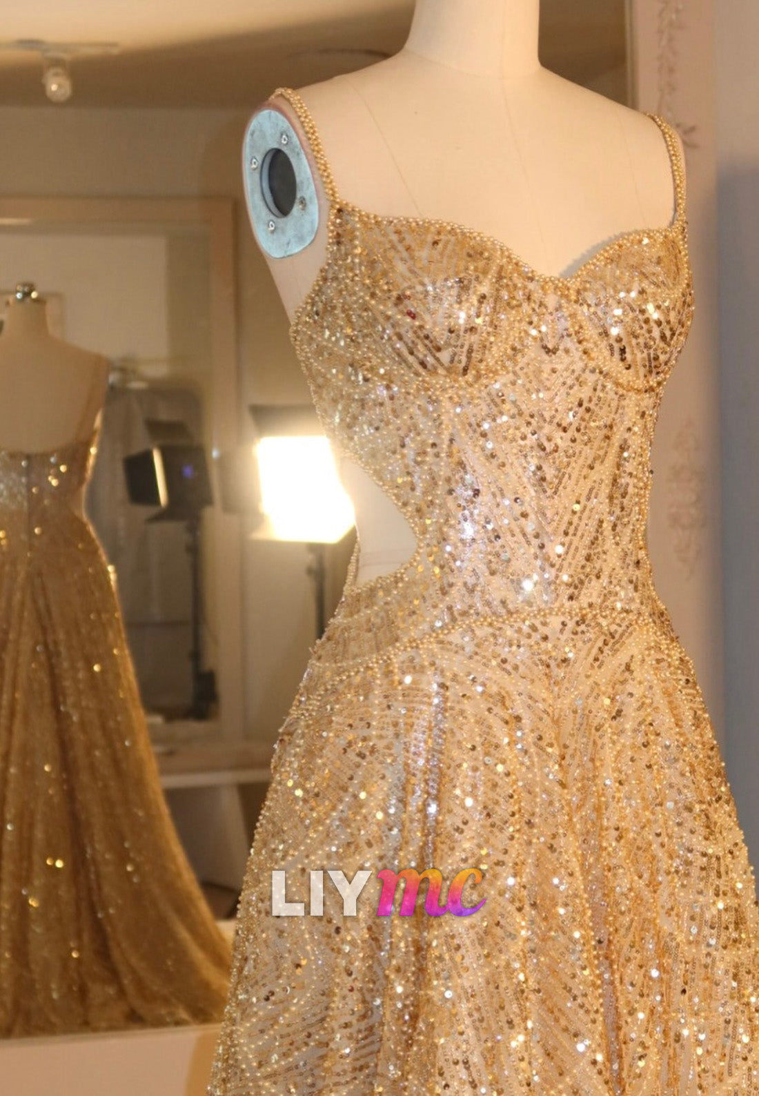Sequined Cutout A-Line Gown with Train