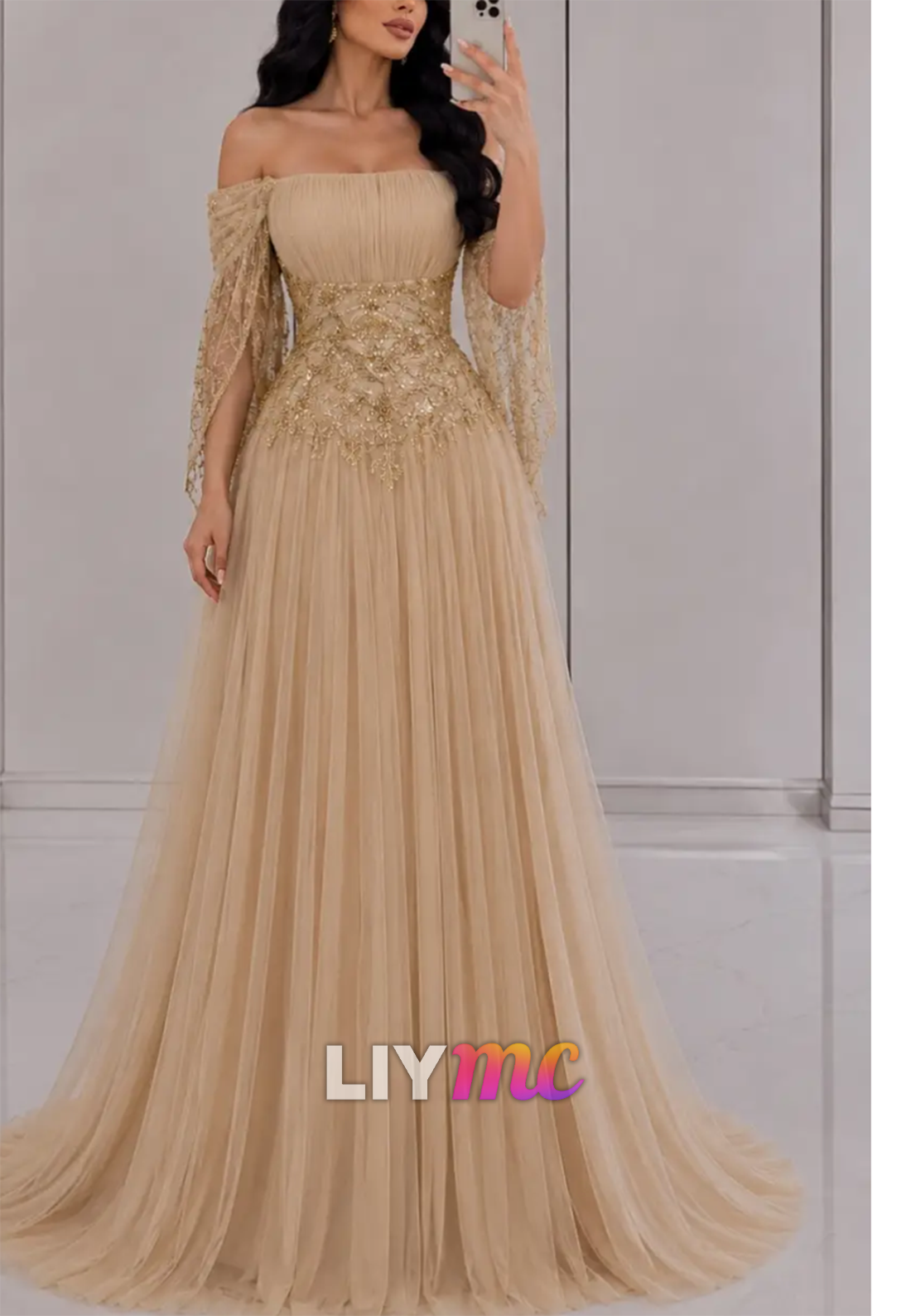 Off-the-Shoulder Tulle Gown with Embellished Waist
